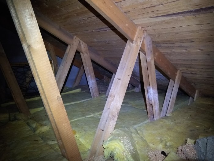 Takstolar av trä i ett husvind, med gult isoleringsmaterial på golvet, i svagt belysning.