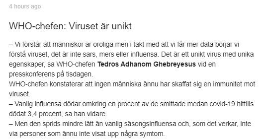 Skärmdump av nyhetsartikel där WHO-chefen Tedros Adhanom Ghebreyesus diskuterar virusets unika karaktär.