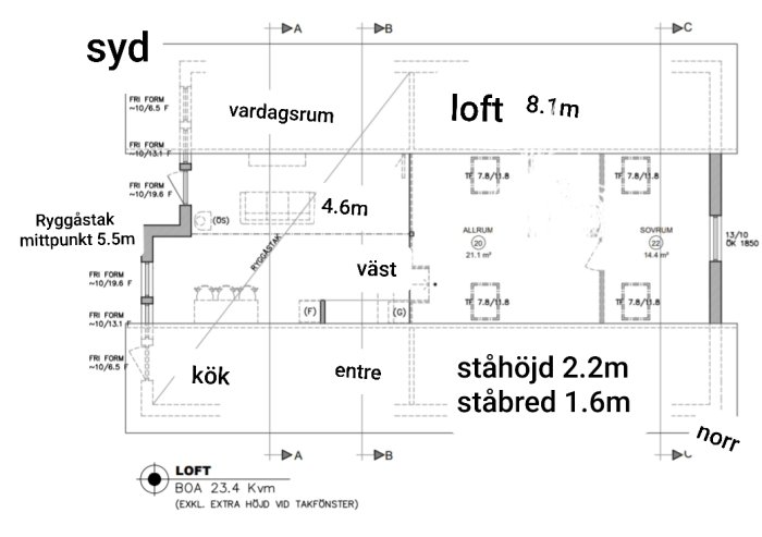 Planritning av en bostad med ryggåstak som visar placering av kök, entre, vardagsrum och loft med måttangivelser.