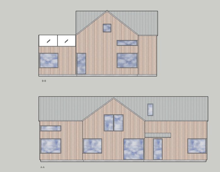 Två arkitektoniska fasadritningar av ett hus med högt vardagsrumstak, många fönster och hörndesign.