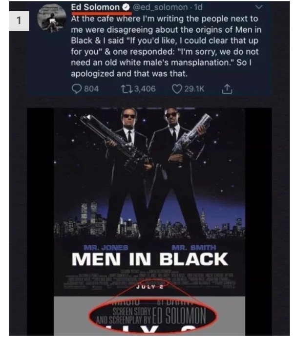 Skärmbild av Twitter-inlägg med "Men in Black"-filmaffisch cirkulerad för att visa Ed Solomons bidrag.