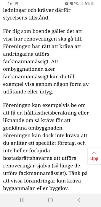 Skärmdump av text från ett forum som diskuterar regler för renovering i bostadsrätt och krav på fackmannamässigt utförande.