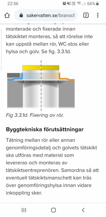 Diagram som visar fixering av rör genom golv med tätningar och genomföringshylsa.