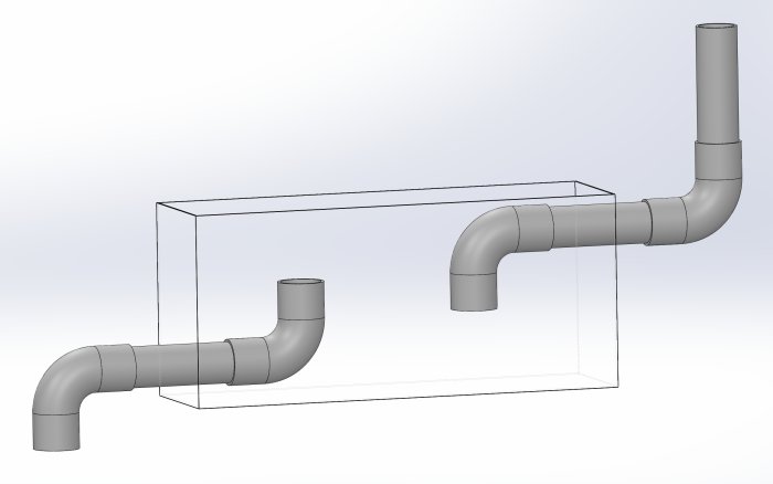 3D-skiss av ett avloppssystem med rör leder in i en behållare och utlopp rör till vänster.