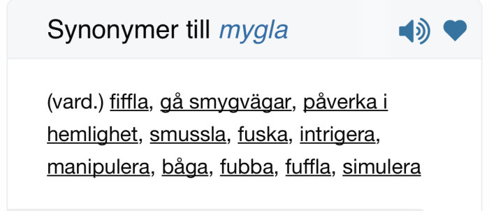 Skärmdump visar en lista med synonymer till ordet 'mygla' så som fiffla, fusk, och manipulera.