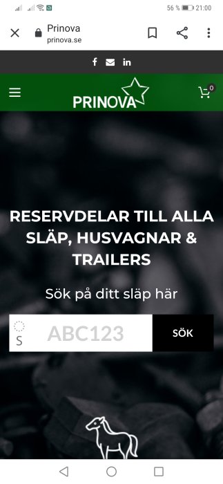 Skärmdump av reservdelsbutik för släp och husvagnar med sökfält och logotyp.