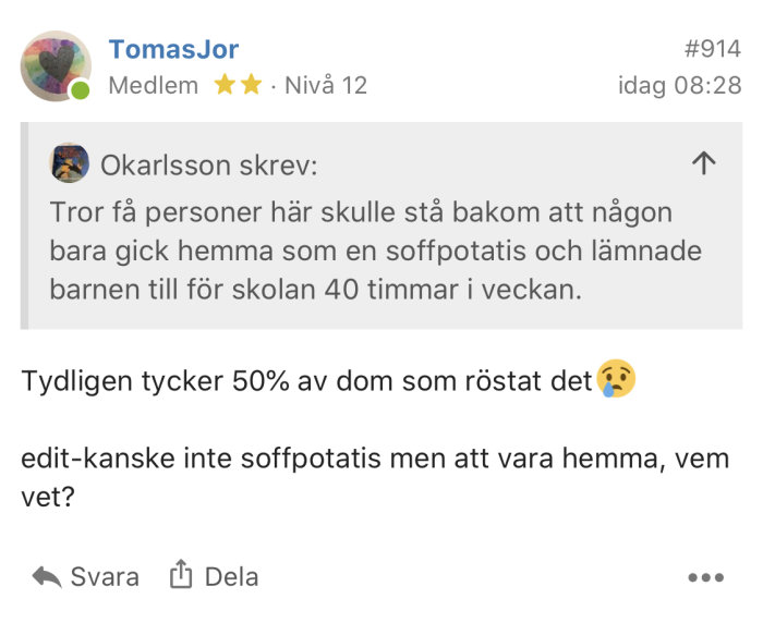 Skärmdump av ett foruminlägg där en användare refererar till en tidigare diskussion om föräldraskap och arbetsliv.