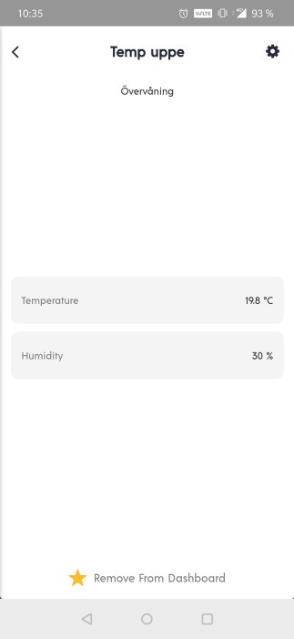 Skärmvisning av temperatur och fuktighet i ett uppvärmt rum, 19.8 °C och 30% luftfuktighet.