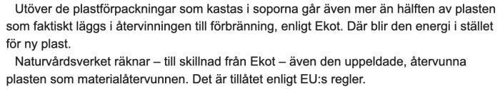 Plastförpackningar i sopor, text om plaståtervinning och förbränning enligt Naturvårdsverket och Ekot.