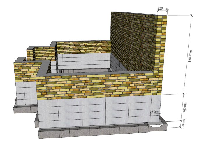 3D-ritning av grund till växthus med dimensioner, visar lecablock, murblock och tegelvägg.