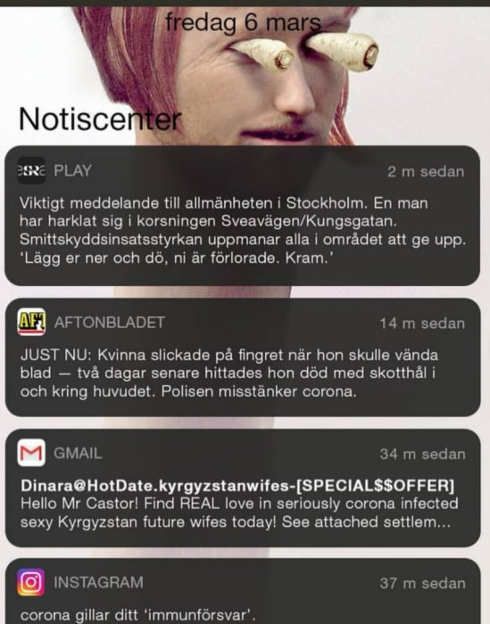 Skärmavbild av mobil med notiser om orelaterade coronarelaterade nyheter och meddelanden, med en modifierad bild överst.