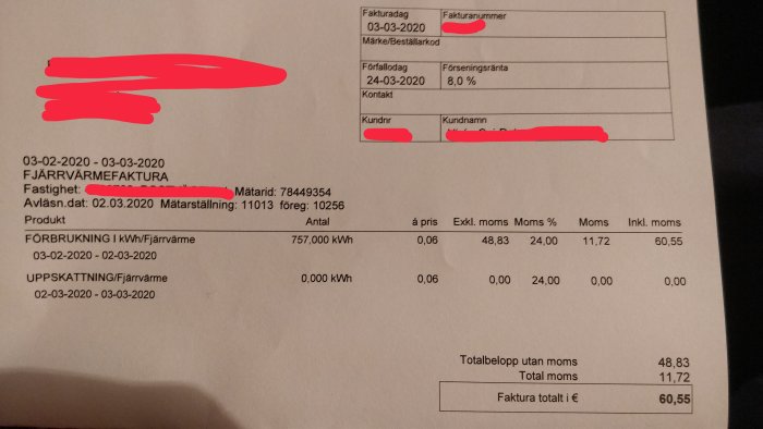 Fjärrvärmefaktura med förbrukningsdata och kostnader för uppvärmning.