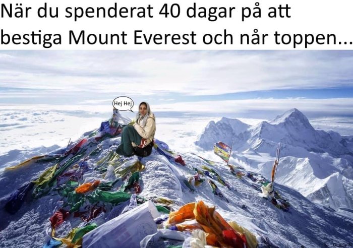 Person sitter på Mount Everest topp omgiven av flaggor och säger "Hej Hej" i pratbubbla.