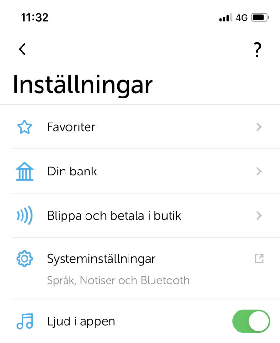 Skärmbild av inställningsmenyn i en app med alternativ för favoriter, bank, kontaktlös betalning och ljudinställningar.