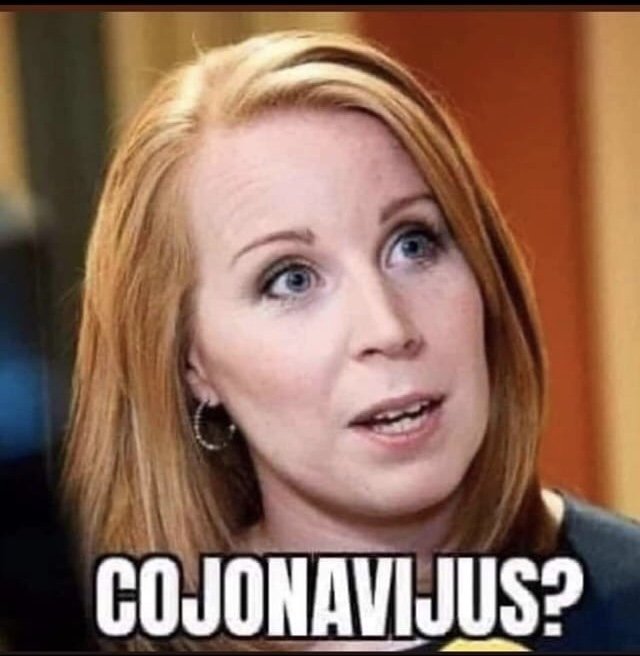 Förvånad kvinna med texten "CO JONAVI JUS?" som parodi på virusnamn.