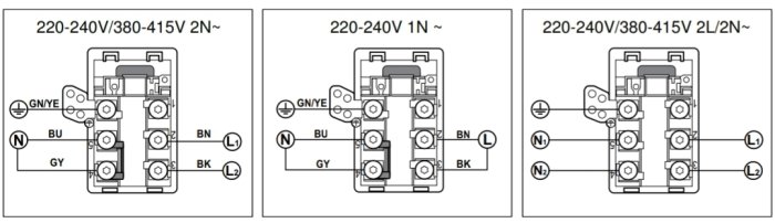 Schematiska diagram som visar inkopplingsalternativ för en Siemens induktionshäll med enkel- och tvåfaskoppling.