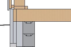 Schematisk illustration av en bjälklagkonstruktion i en källare med förstärkning genom spikplåtar och skruvlimmad skiva.