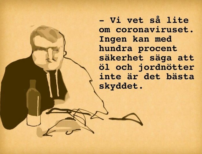 Illustration av en person med glasögon och en flaska, text om coronavirus och öl med jordnötter.