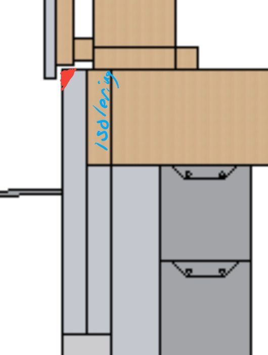 Detaljritning av väggkonstruktion med markerad isolering mellan reglarna.