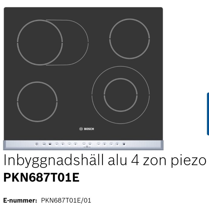 Bosch inbyggnadshäll med fyra kokzoner och piezotändning, modell PKN687T01E.