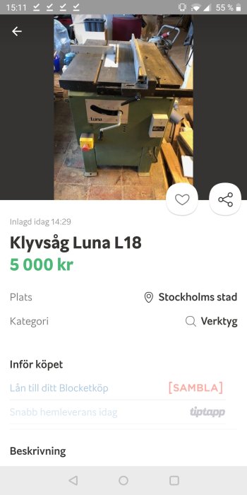 Grön klyvsåg Luna L18 till salu i en verkstadsmiljö.