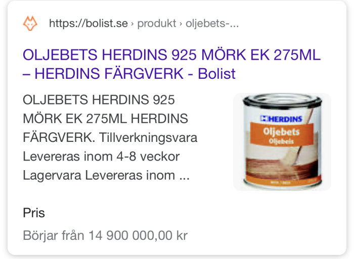 Burk med Herdins Oljebets 925 mörk ek 275ml för träbehandling.