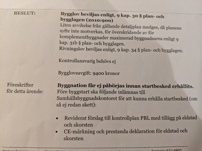 Beslutsdokument om beviljat bygglov med punkter om byggnationsregler och avgifter.