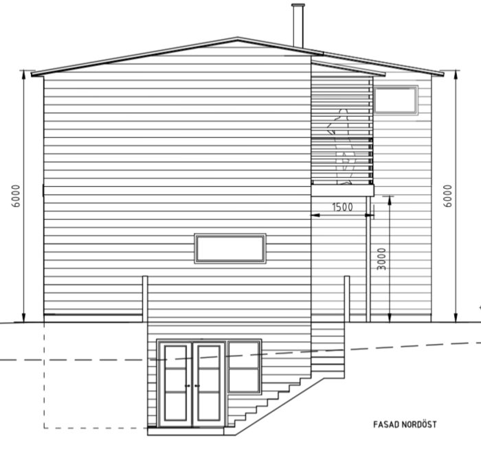 Arkitektonisk ritning av en husfasad med en dörr och begränsat med fönster enligt reglering.