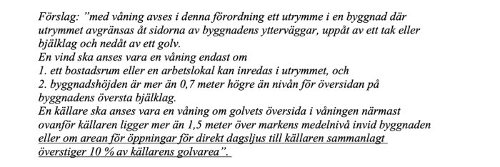 Dokument med text som definierar begreppen våning och källare enligt byggnadsförordningen, relaterat till diskussion om byggprojekt.