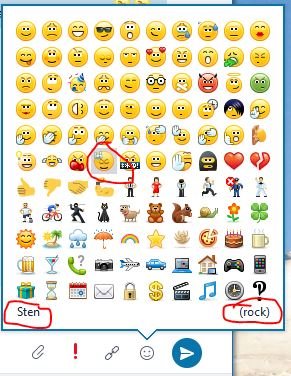 Skärmdump av Skype-emoji-panelen med markering runt en emoji och texten "Sten" och "(rock)" som indikerar en översättningsmiss.