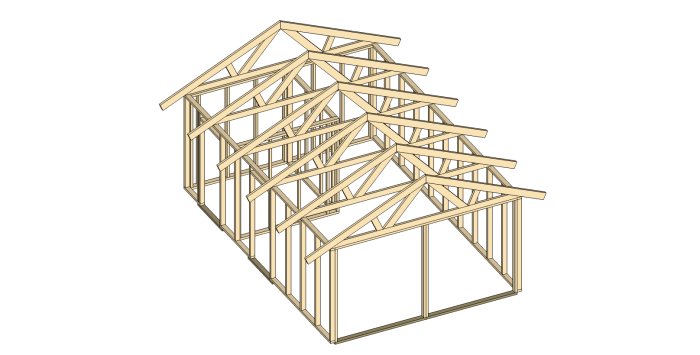 3D-modell i SketchUp av ett stomme till ett attefallsgarage med tydligt numrerade reglar.