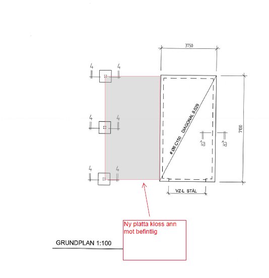 Grundritning för anslutning mellan befintligt garage och ny betongplatta med dimensioner och markeringar.