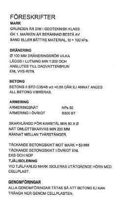 Konstruktionsritning med förskrifter för markarbeten, dränering, betong och armering vid bygge.