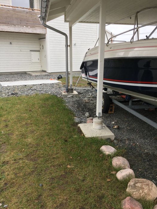 Carport med makadamgrund intill ett vitt garage, båt på släp och plintar synliga på marken.