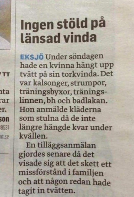 Artikel i tidning om en kvinna som misstagit borttorkad tvätt för stöld.