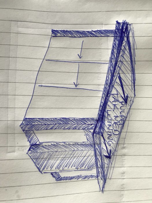 Handritad skiss som visar en byggnad med ett lutande tak från en långsida till en annan, markerat med skjutfönsterparti.