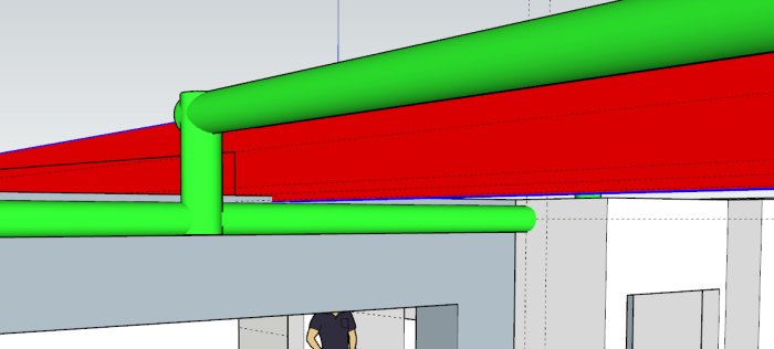 3D-design av gröna spirorör som ska passera under en röd balk för FTX-ventilation i en byggnad.