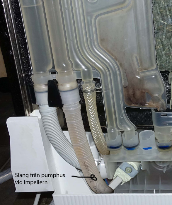 Indre delar av en anordning med genomskinliga slangar, en märkt som går från pumphuset vid impellern, med smutsigt vatten.