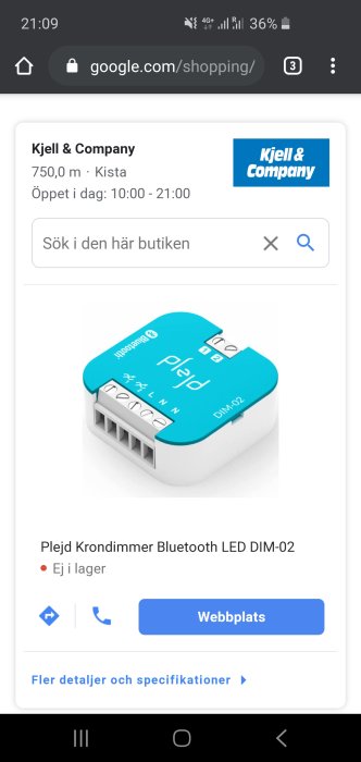 Plejd Kron-dimmer Bluetooth LED DIM-02 enhet, ej i lager på Kjell & Company webbsida.