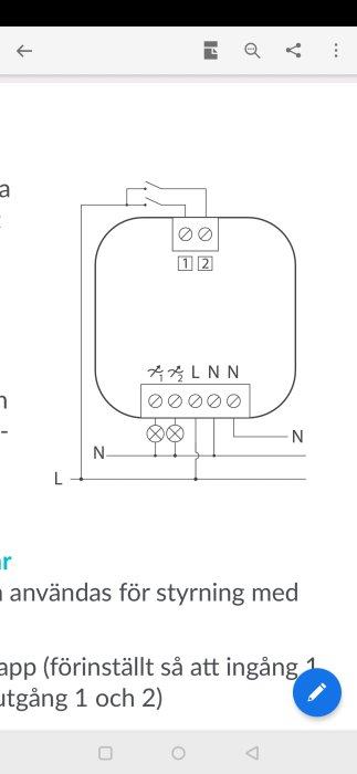 Elektriskt kopplingsschema med markerade ingångar, utgångar och ledningar.