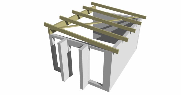 3D-modell av en trästomme till en byggnad med pelare och bjälkar.