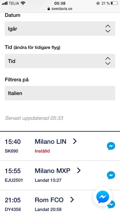 Skärmavbild av en flygplans ankomst- och avgångstavla med filter för Italien, ett inställt flyg till Milano LIN.