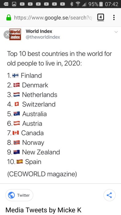 Skärmbild av en topplista över de tio bästa länderna för äldre att bo i 2020, delat på Twitter.