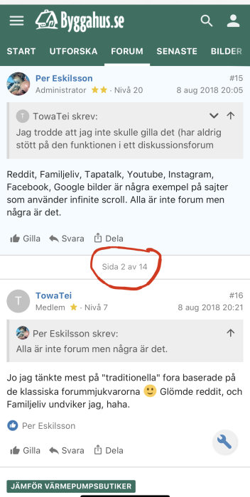 Skärmdump av forumtråd som visar navigering mellan sidor med texten "Sida 2 av 14" markerad.