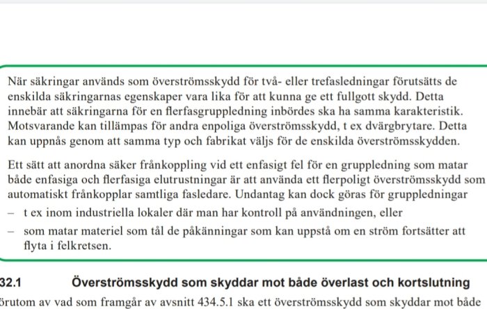 Sida ur en teknisk manual om överströmsskydd, med text och en rubrik "Överströmsskydd som skyddar mot både överlast och kortslutning".