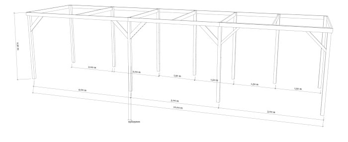 Linjeteckning av pergola med måttangivelser, planerad för klätterväxter och armeringsnät.