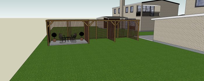 3D-renderad bild av en planerad pergola med armeringsnät, intill en bostad och gräsmatta.