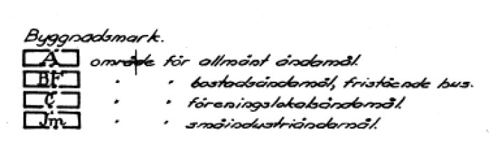 Skiss på byggnadsplan från 1957 med olika symboler för bostäder, verksamheter och industri.