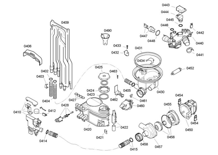 Exploded view diagram showing components of a washing machine's underside with housing, pumps and hoses.