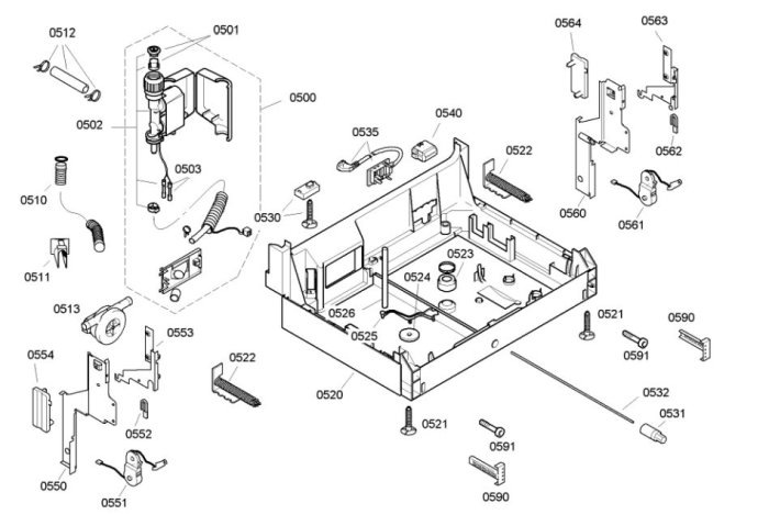 Exploded view diagram of washing machine parts including pumps and hoses.